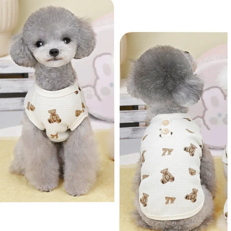 Beige waffle short-sleeve small dog top on a dog, side view, polyester fabric