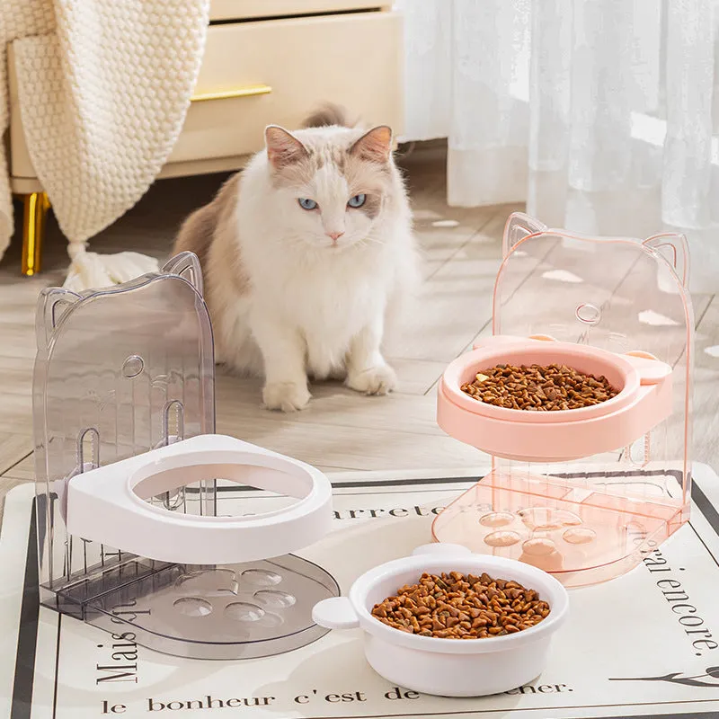 Grey pet bowl with removable hanging cage and adjustable height for feeding