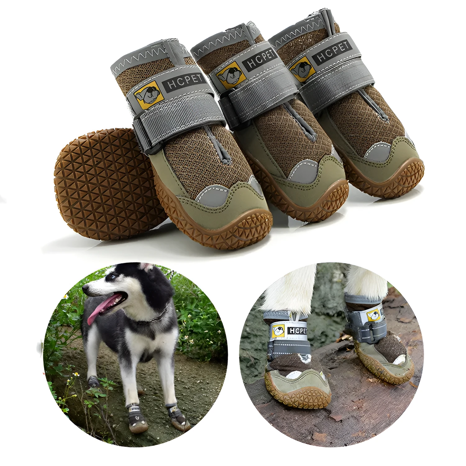 Pair of summer breathable pet dog shoes with non-slip rubber sole in gray black colour on outdoor surface