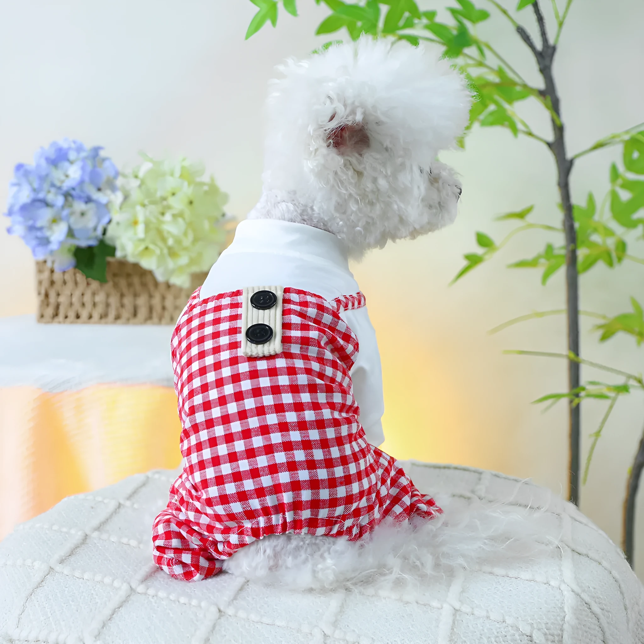 Fashion pet dog plaid overalls in black and white suspender style on a dog, polyester material