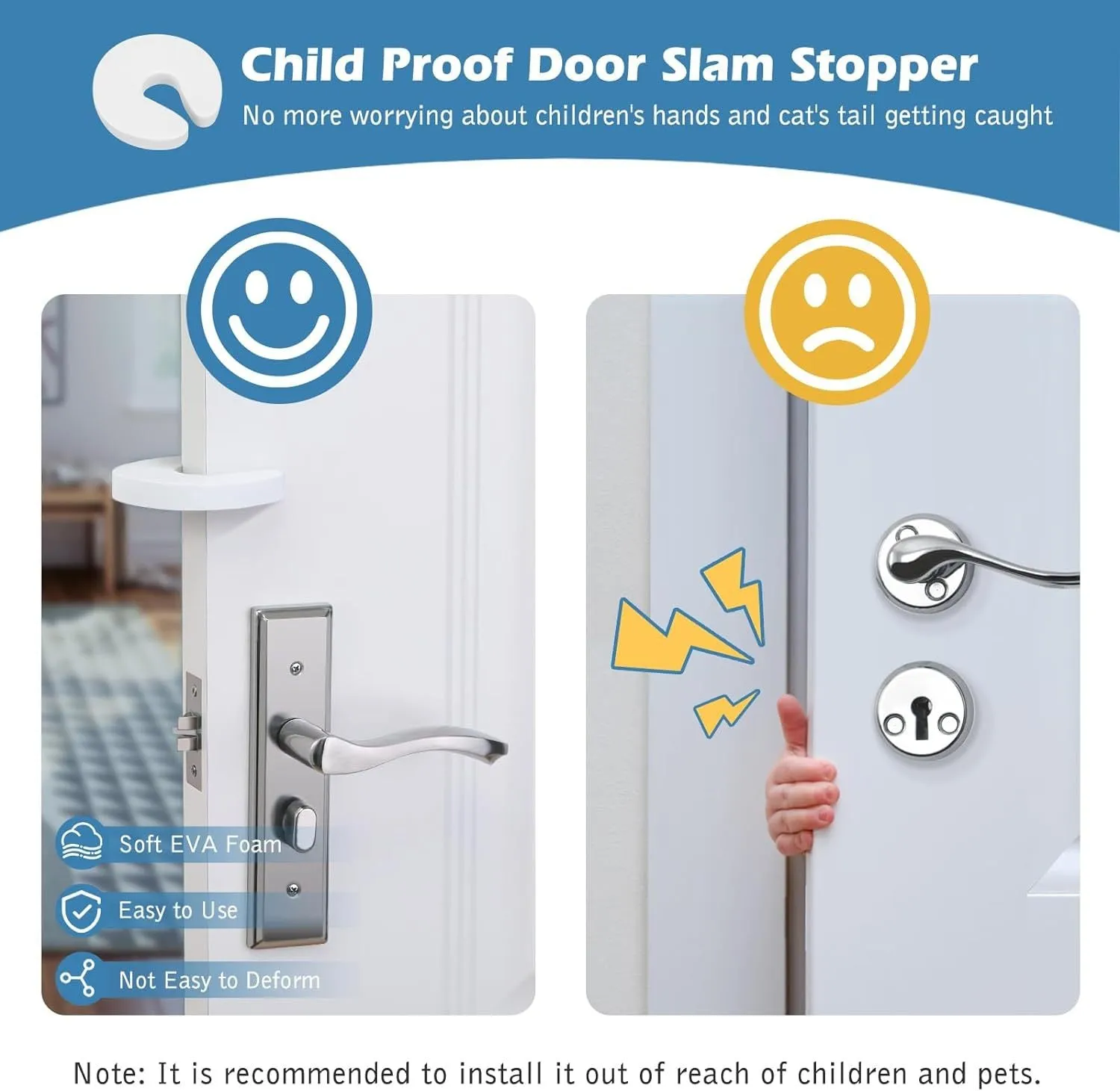 White adjustable cat door latch with stainless steel chain and foam door stopper mounted on a wooden door, gap set for cat passage