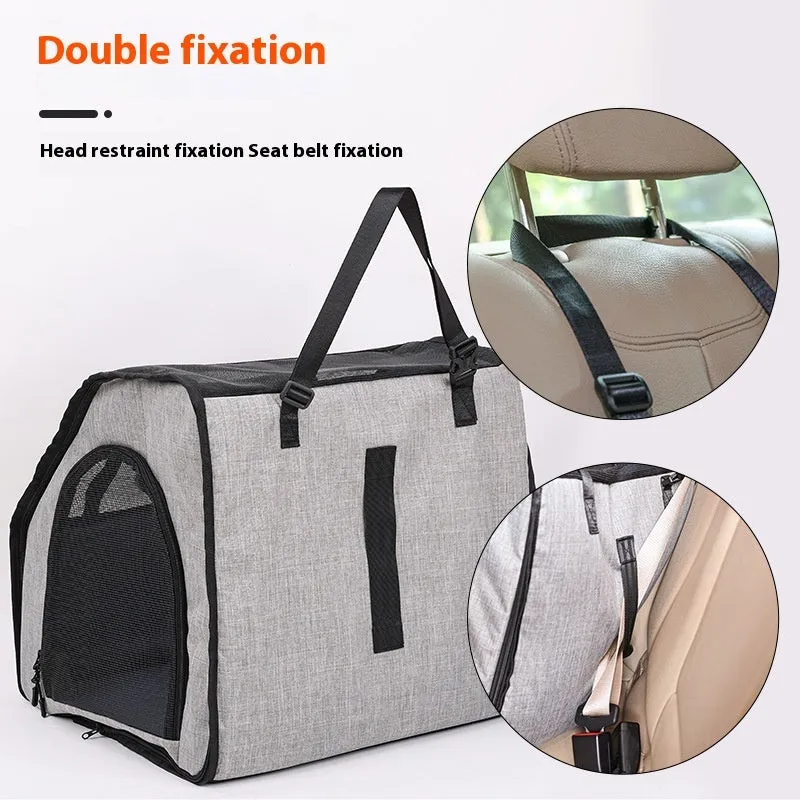 Gray portable foldable car pet cage with waterproof Oxford dog mat and PVC pipe frame for dog travel