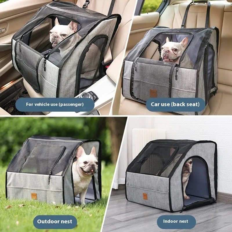 Gray portable foldable car pet cage with waterproof Oxford dog mat and PVC pipe frame for dog travel
