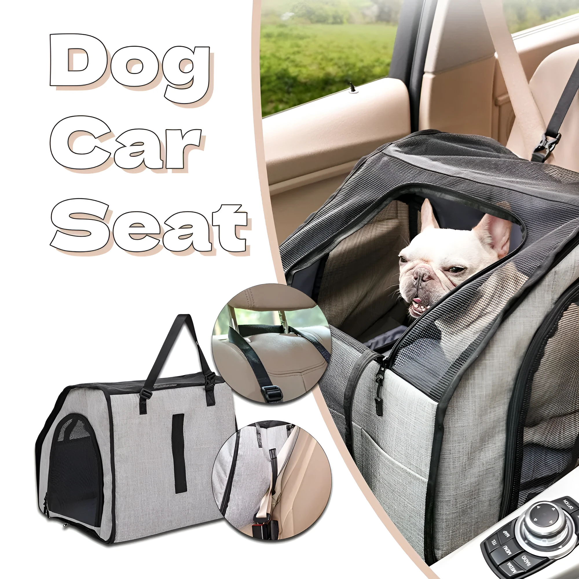 Gray portable foldable car pet cage with waterproof Oxford dog mat and PVC pipe frame for dog travel