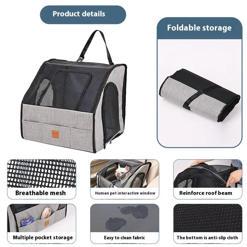 Gray portable foldable car pet cage with waterproof Oxford dog mat and PVC pipe frame for dog travel