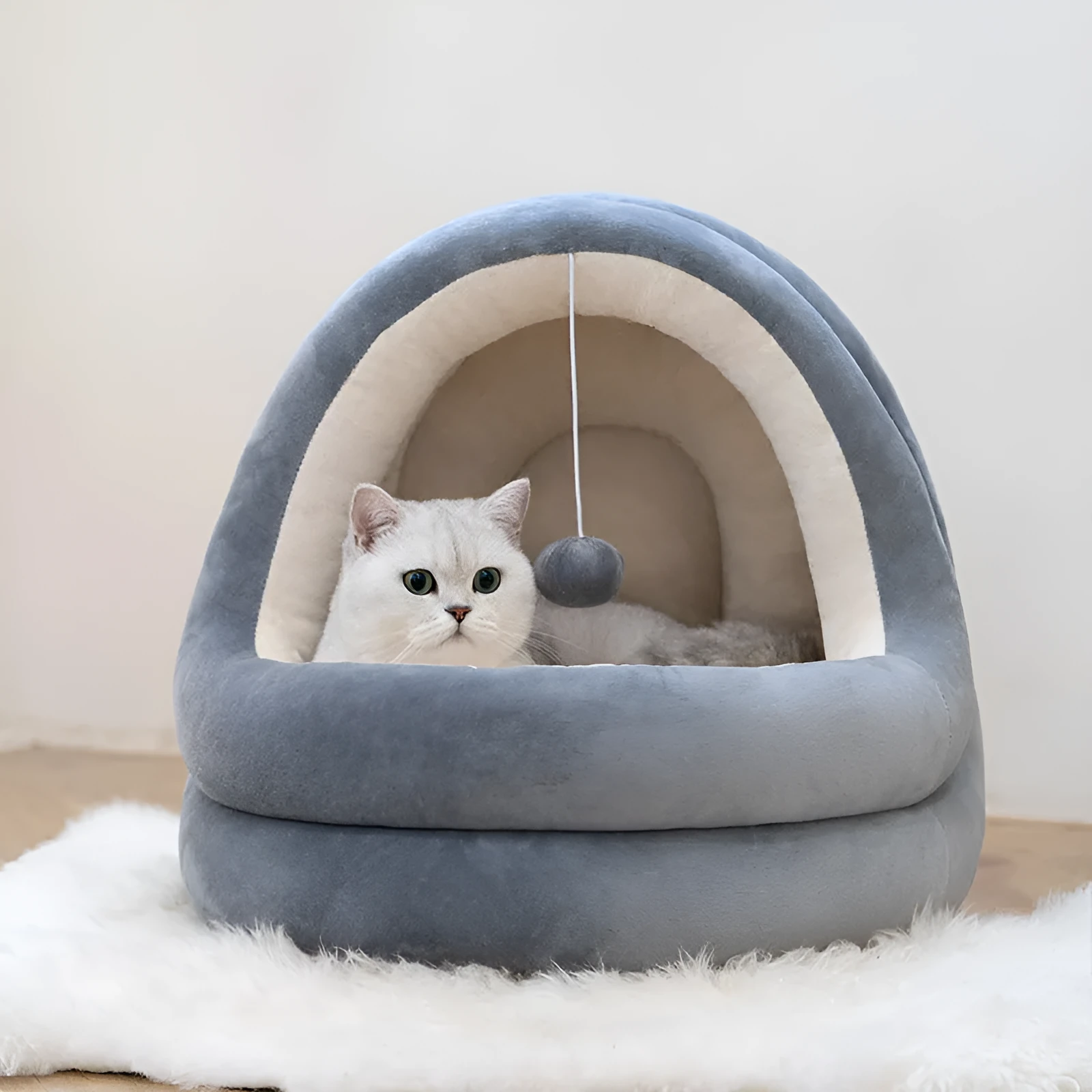 Beige grey crystal velvet cat house bed with removable mattress for kittens and small dogs