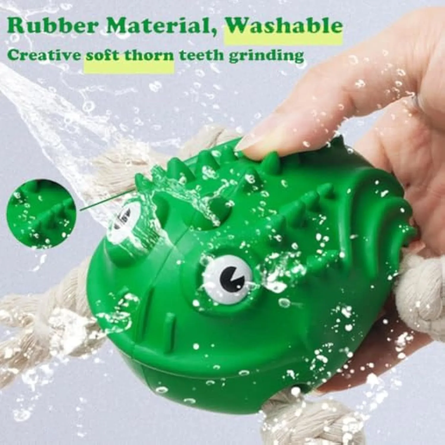 Green rubber cotton rope toad dog toy for aggressive chewers with squeaker and teeth-cleaning texture