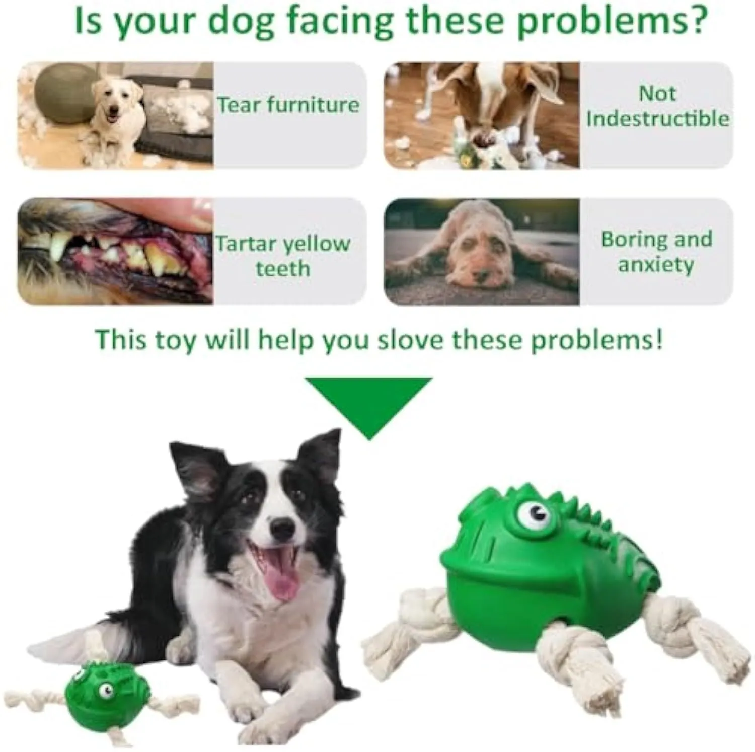 Green rubber cotton rope toad dog toy for aggressive chewers with squeaker and teeth-cleaning texture