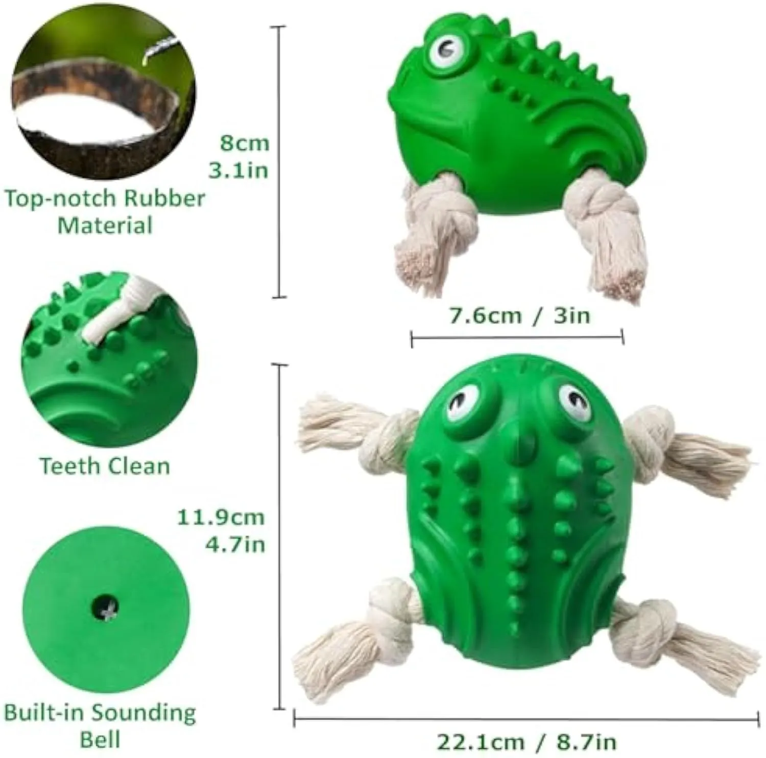Green rubber cotton rope toad dog toy for aggressive chewers with squeaker and teeth-cleaning texture