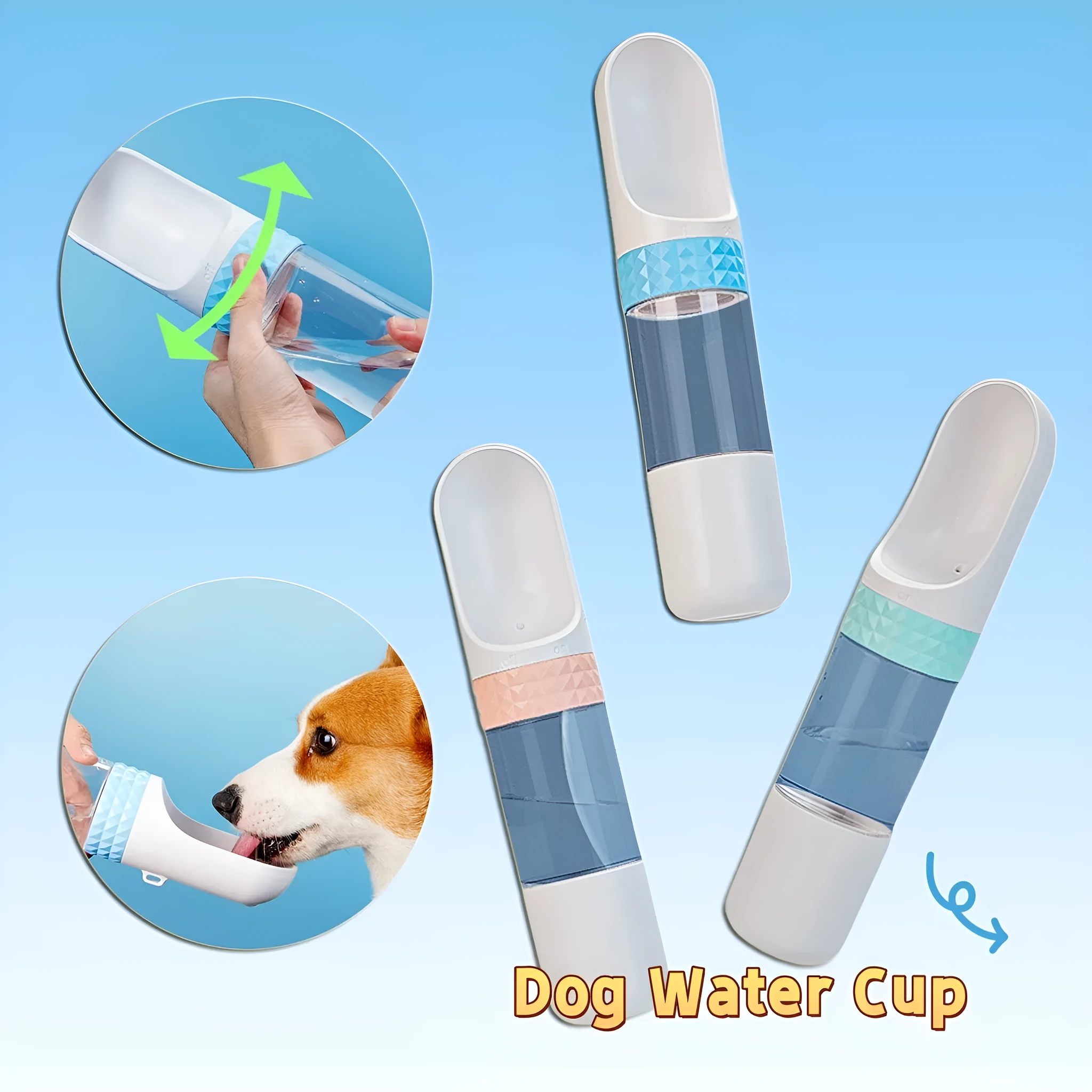 Portable dog water cup with one-click lock, food-grade ABS construction, available in various colours for outdoor pet hydration