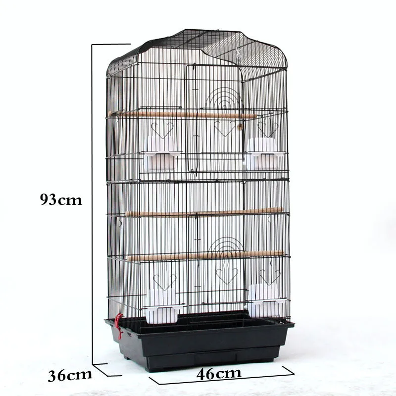 Portable wire bird parrot cage 45.5x35x93.5cm black with three wooden poles and plastic food cups removable bottom mesh
