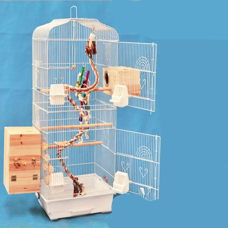 Portable wire bird parrot cage 45.5x35x93.5cm black with three wooden poles and plastic food cups removable bottom mesh