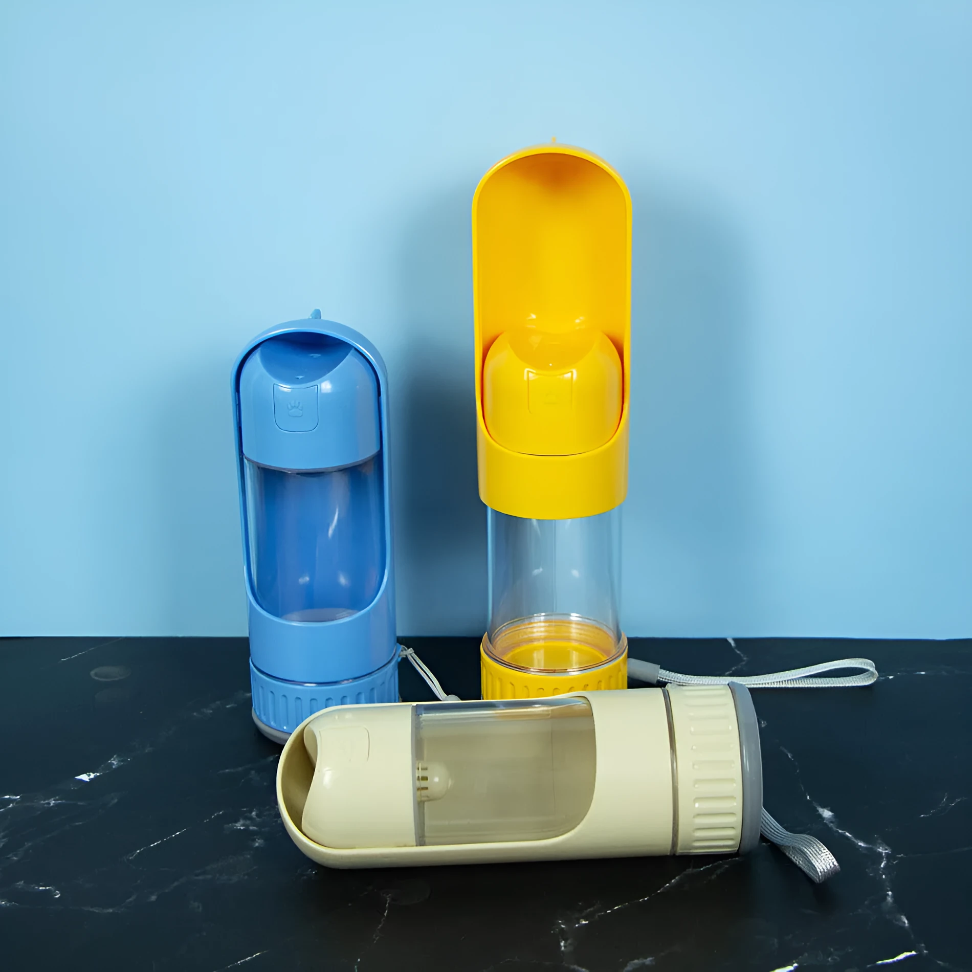 Portable folding plastic pet cup 350ml in Beige White on a travel surface