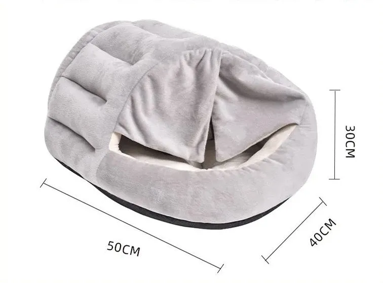 Grey curtain cat nest semi-closed winter bed short plush PP cotton 50x40cm