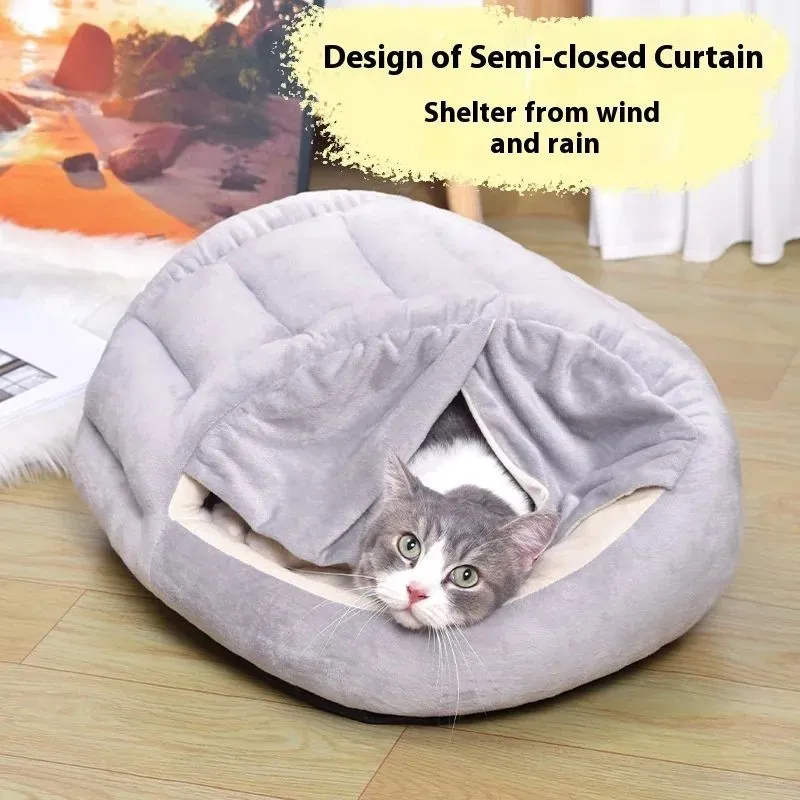 Grey curtain cat nest semi-closed winter bed short plush PP cotton 50x40cm