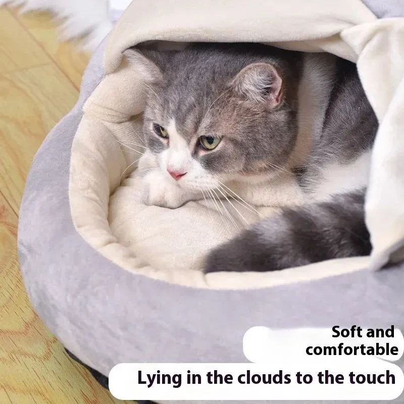Grey curtain cat nest semi-closed winter bed short plush PP cotton 50x40cm