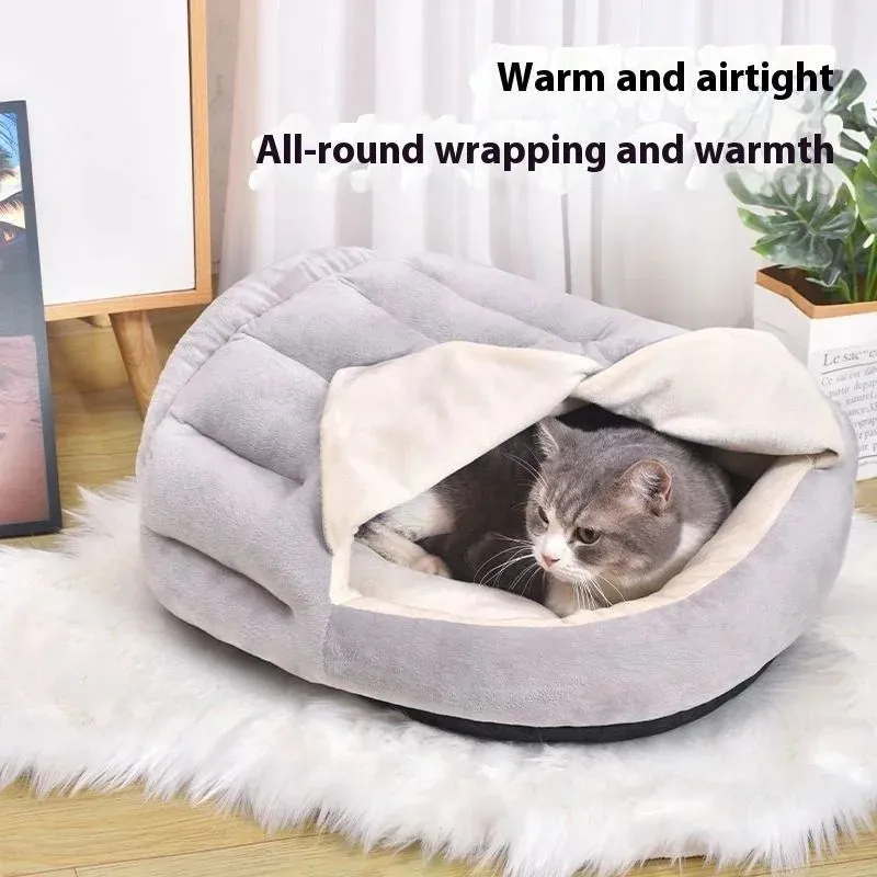 Grey curtain cat nest semi-closed winter bed short plush PP cotton 50x40cm