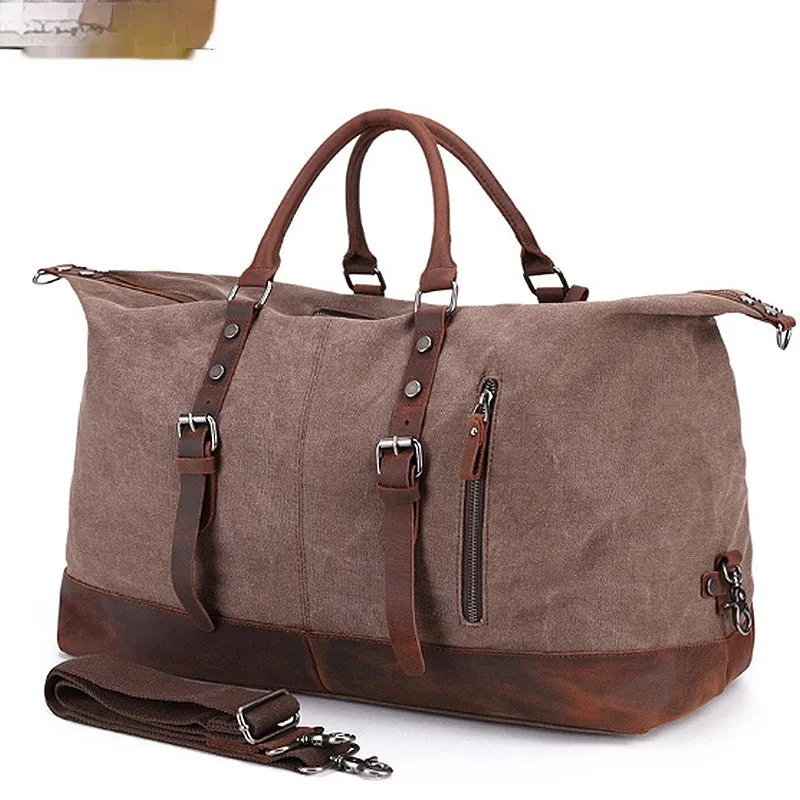 Canvas travel messenger shoulder bag with Crazy Horse leather trim, large capacity 36-55L, retro style, khaki colour