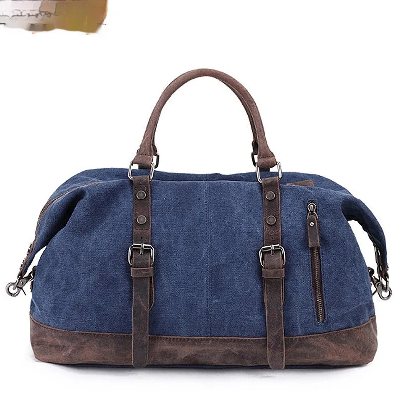 Canvas travel messenger shoulder bag with Crazy Horse leather trim, large capacity 36-55L, retro style, khaki colour