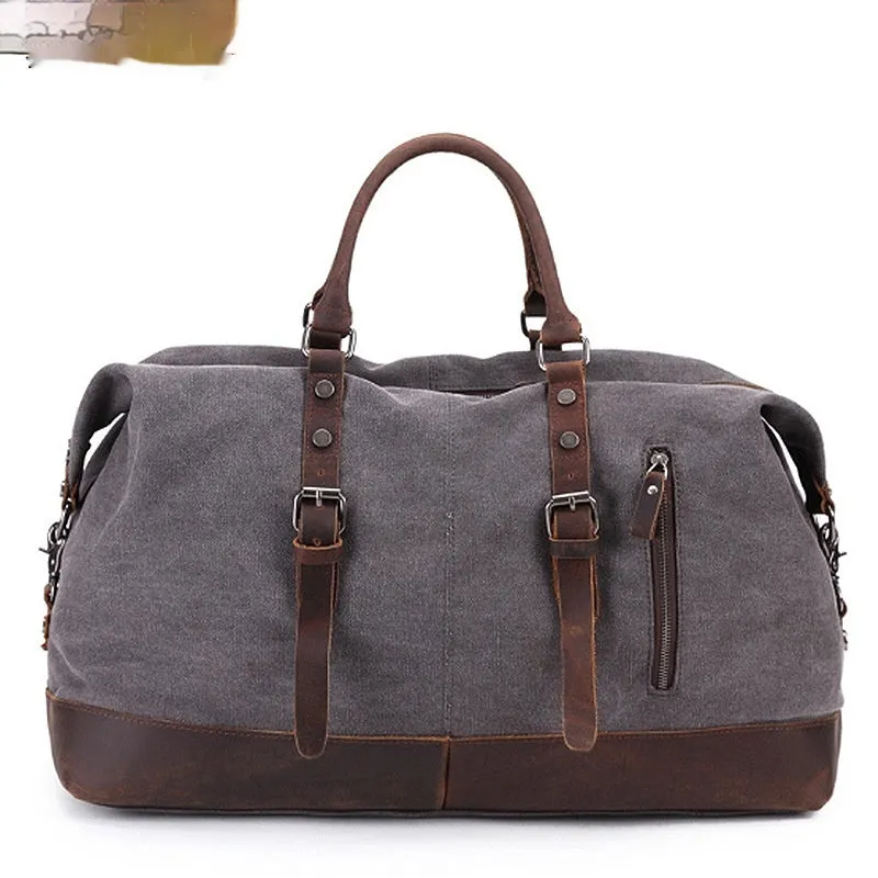 Canvas travel messenger shoulder bag with Crazy Horse leather trim, large capacity 36-55L, retro style, khaki colour
