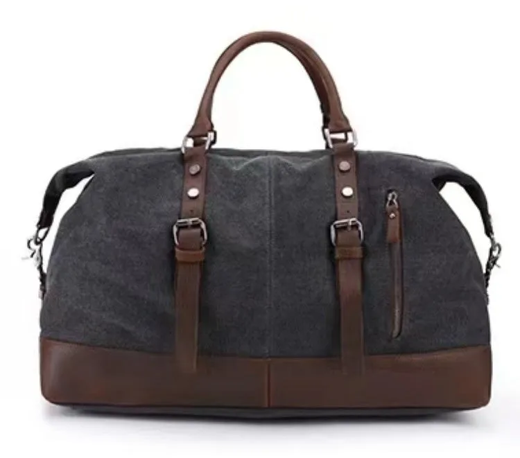 Canvas travel messenger shoulder bag with Crazy Horse leather trim, large capacity 36-55L, retro style, khaki colour
