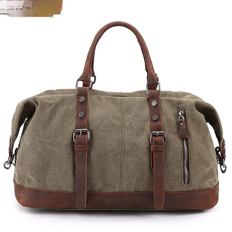 Canvas travel messenger shoulder bag with Crazy Horse leather trim, large capacity 36-55L, retro style, khaki colour