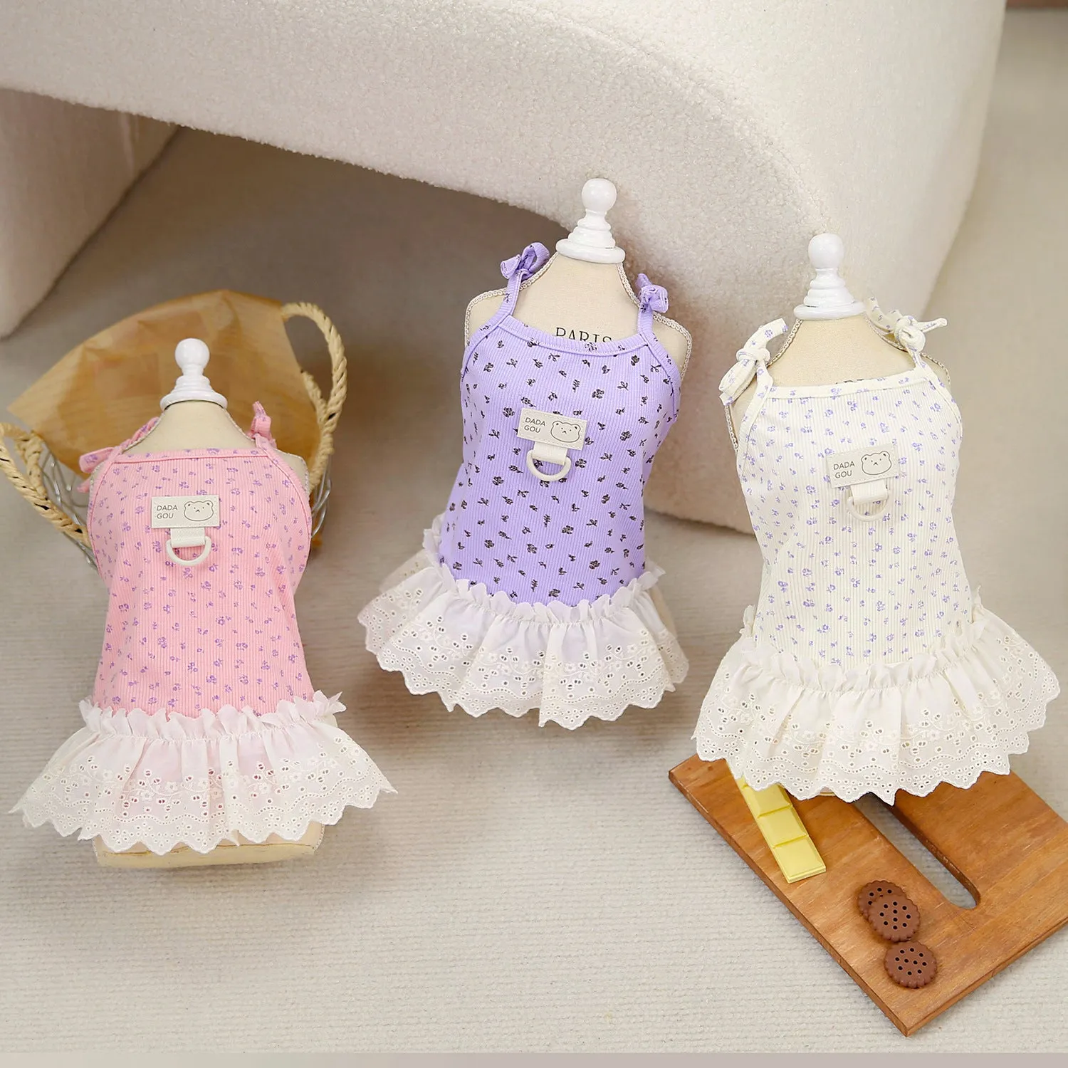 Cotton princess style pet clothing for mother dogs in beige, pink, and light purple, available in sizes S to XXL