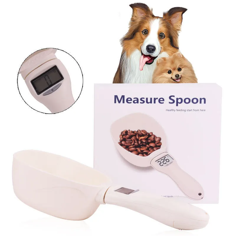 White ABS plastic smart weighing pet food shovel with digital display, 250ml capacity, 23cm length.