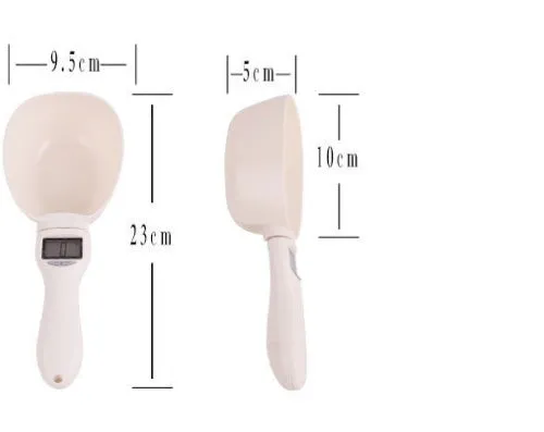 White ABS plastic smart weighing pet food shovel with digital display, 250ml capacity, 23cm length.