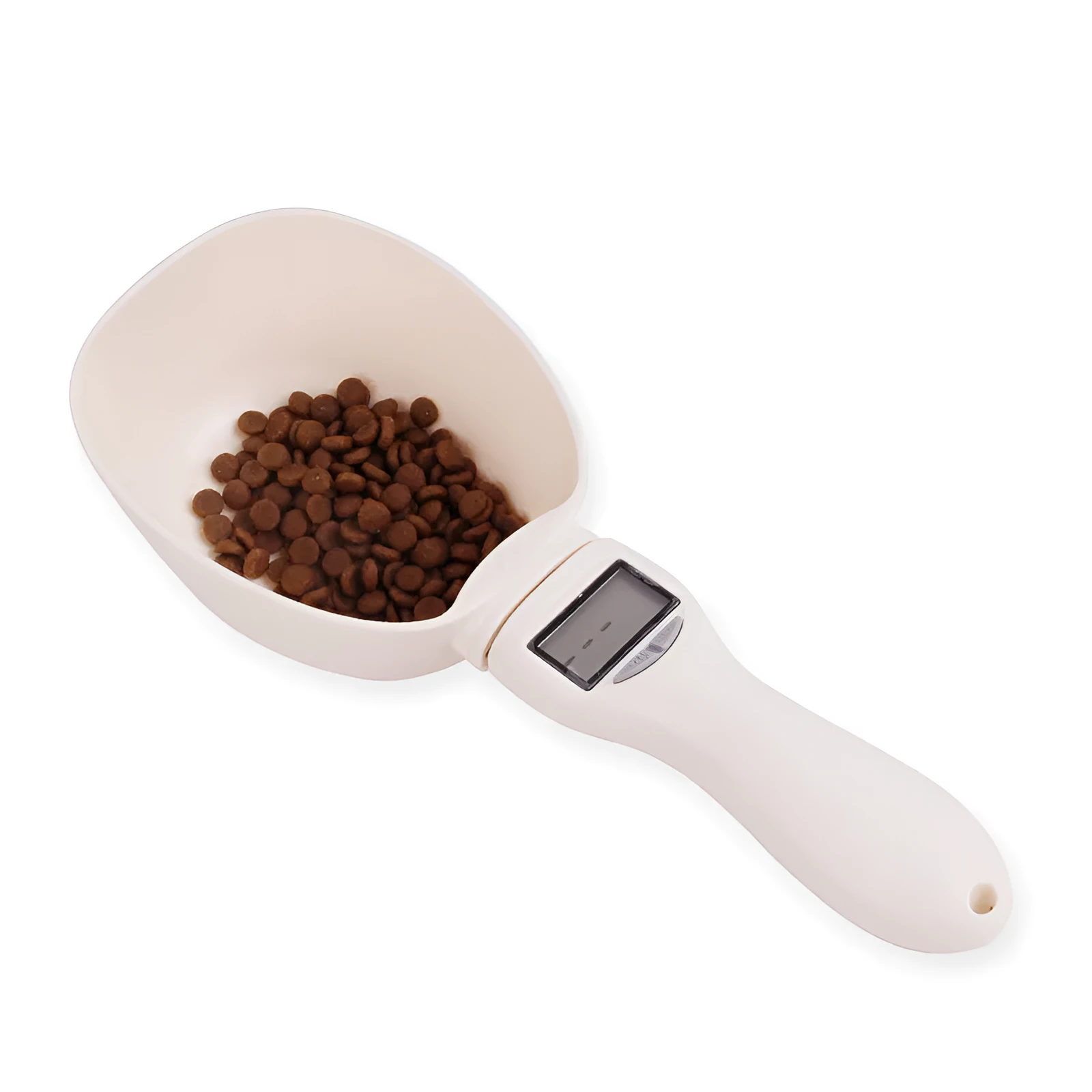 White ABS plastic smart weighing pet food shovel with digital display, 250ml capacity, 23cm length.