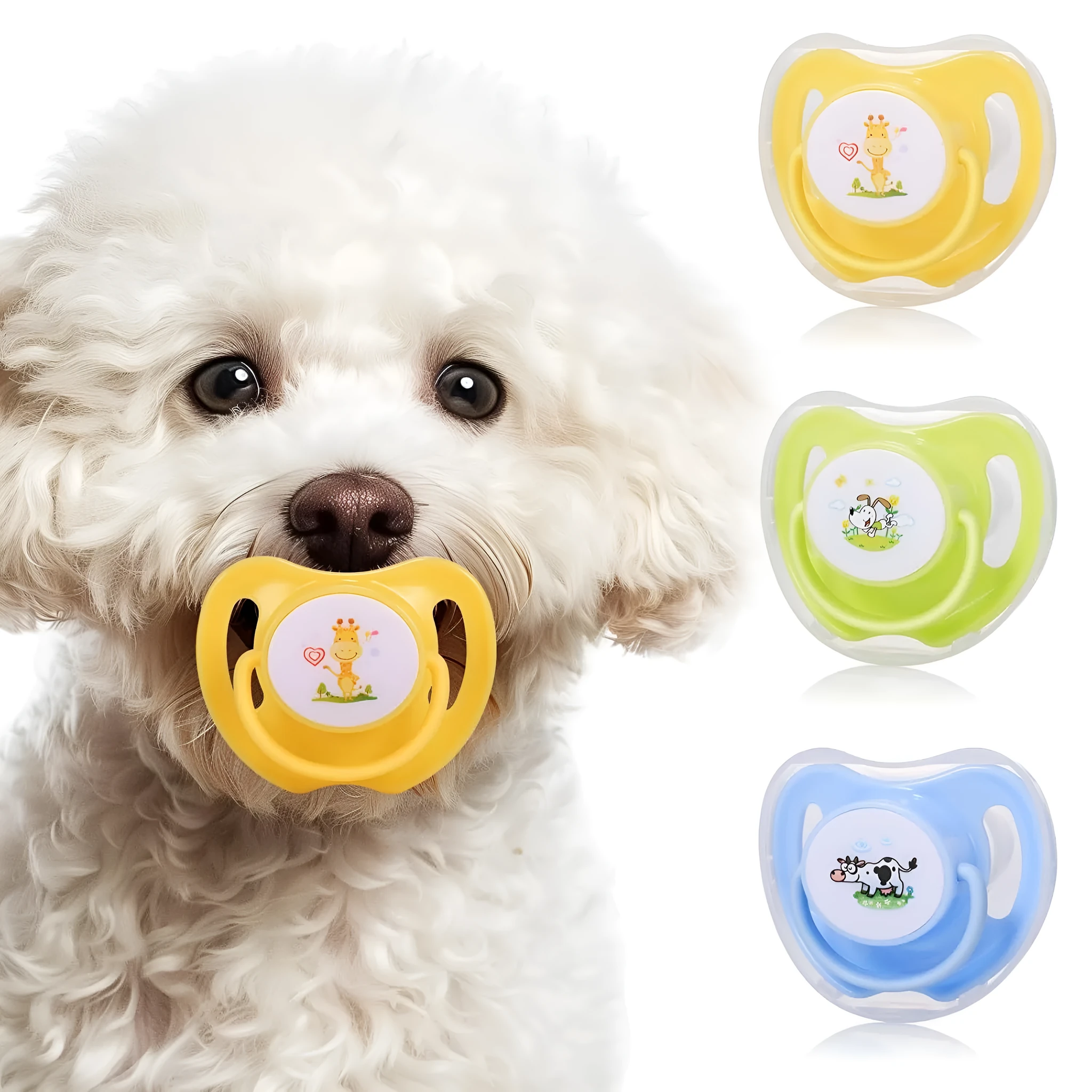 Blue silicone dog pacifier for small dogs with ventilation holes and dust-proof cover on pink background