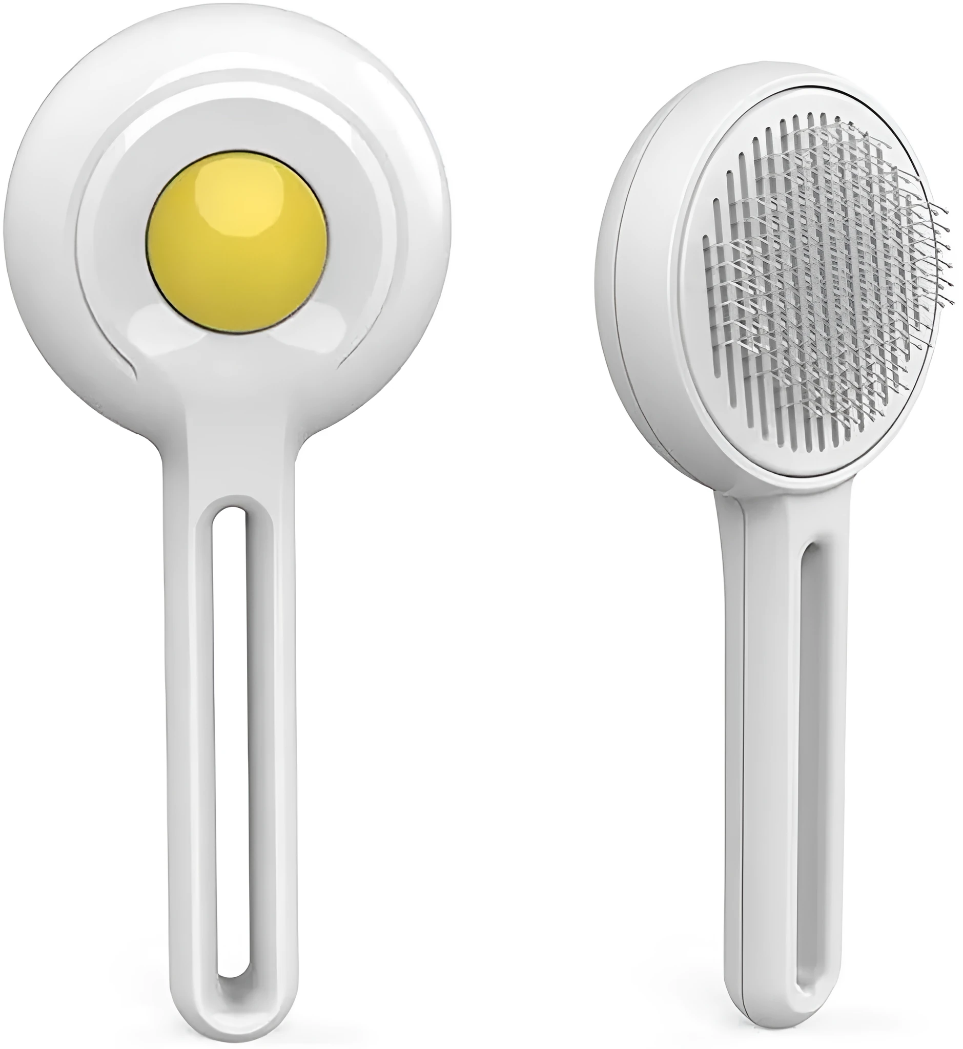 Yellow cat brush with release button and stainless steel bristles on a light background