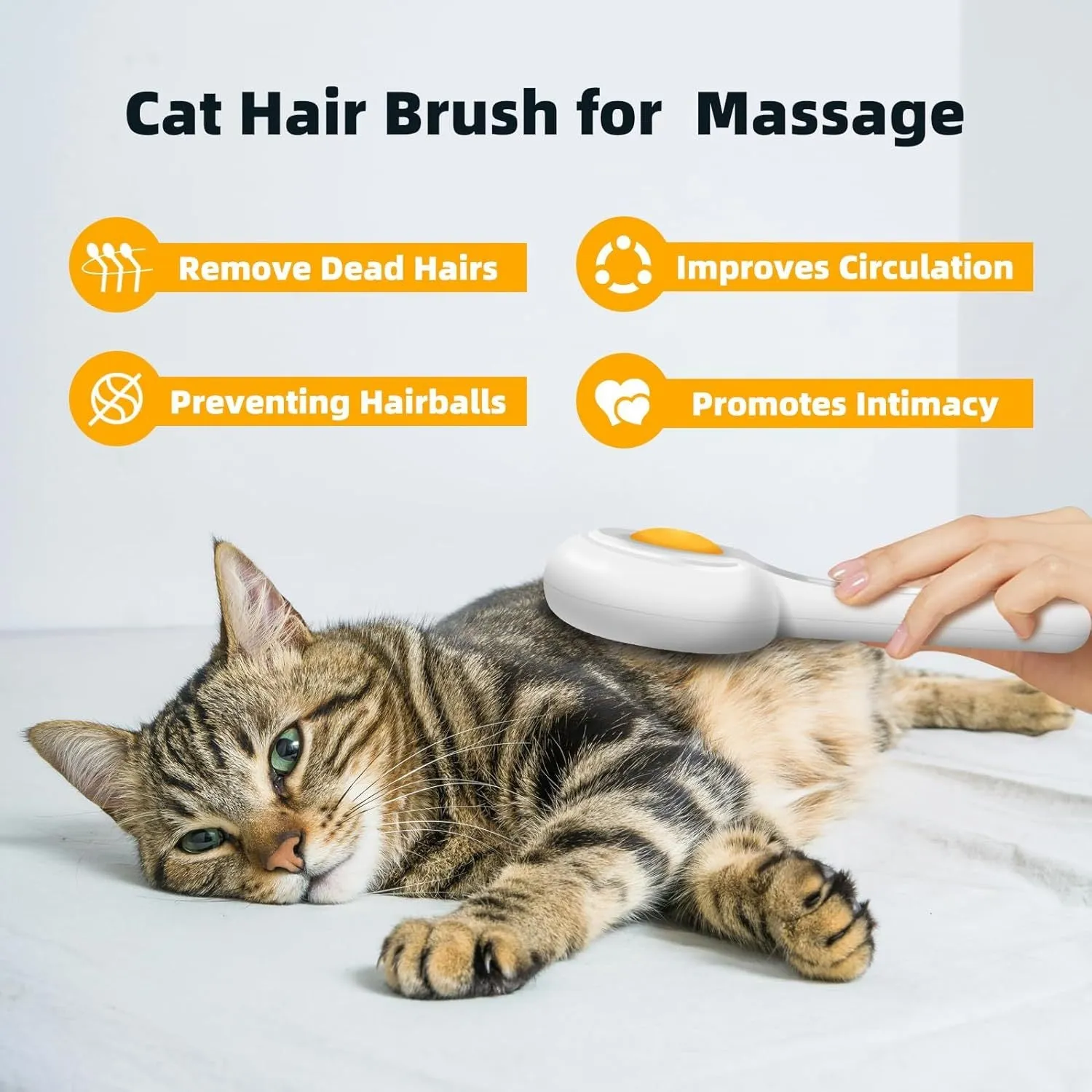 Yellow cat brush with release button and stainless steel bristles on a light background