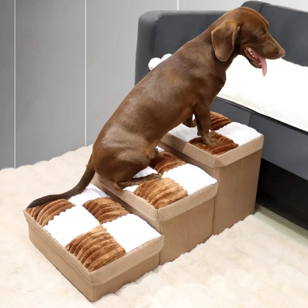 Luxury chessboard handmade dog stairs with storage in brown cotton grid pattern 50x38x15cm