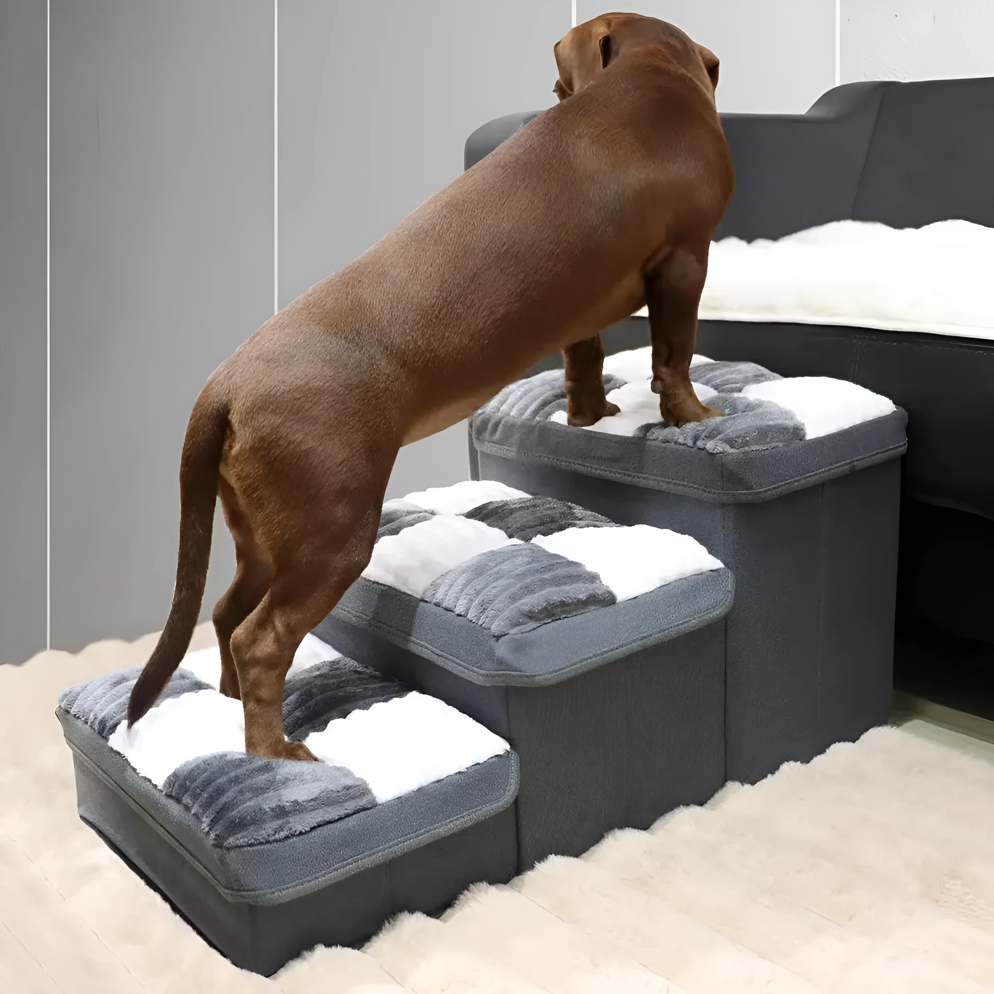 Luxury chessboard handmade dog stairs with storage in brown cotton grid pattern 50x38x15cm