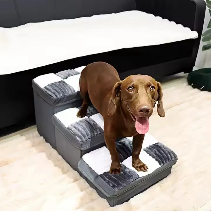 Luxury chessboard handmade dog stairs with storage in brown cotton grid pattern 50x38x15cm
