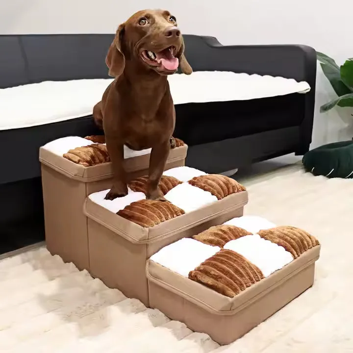 Luxury chessboard handmade dog stairs with storage in brown cotton grid pattern 50x38x15cm
