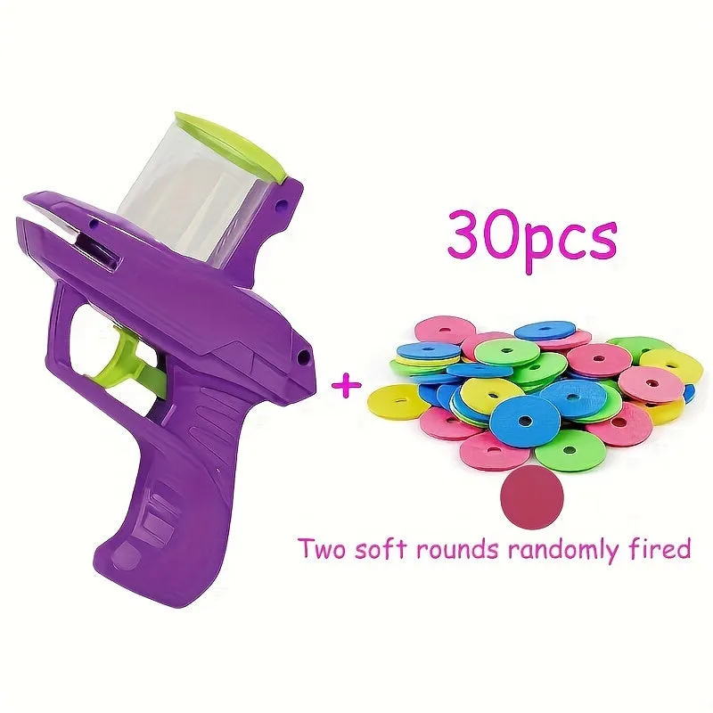 Green and purple durable plastic cat toy launcher with foam discs for battery-free interactive play