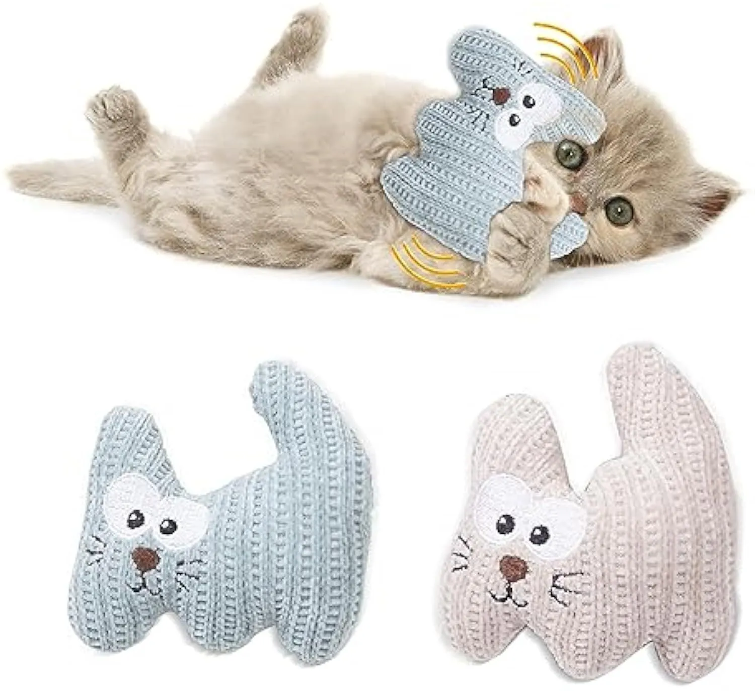 Cyan and light coffee plush cat toy with rope, containing catnip and a bell