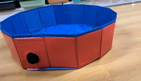 Foldable blue dog swimming pool with thickened PVC material and quick drain valve, set up on grass