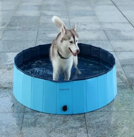 Foldable blue dog swimming pool with thickened PVC material and quick drain valve, set up on grass