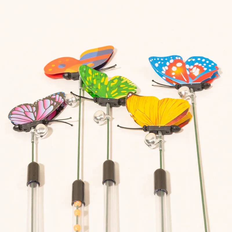 Retractable cat teasing stick with spring butterfly attachment in mixed hair colours, full length 30-50cm on a light background