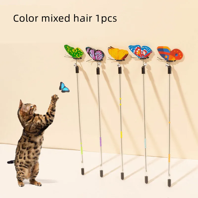 Retractable cat teasing stick with spring butterfly attachment in mixed hair colours, full length 30-50cm on a light background