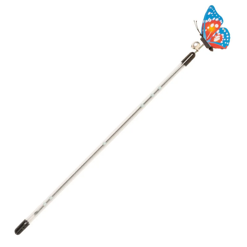 Retractable cat teasing stick with spring butterfly attachment in mixed hair colours, full length 30-50cm on a light background
