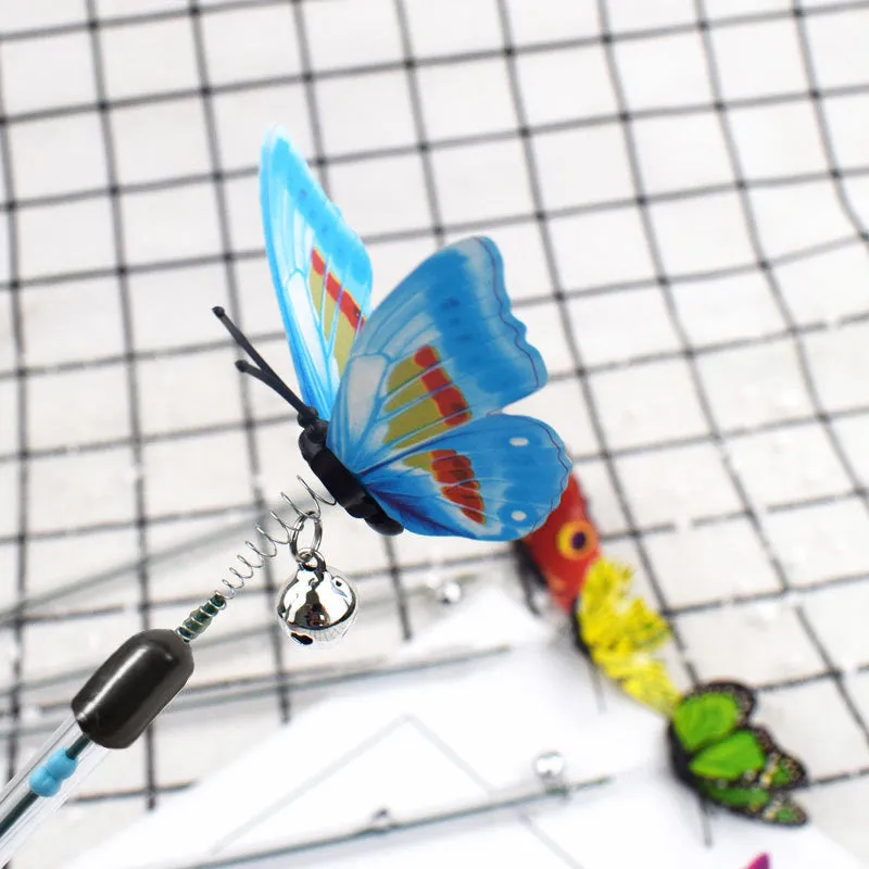 Retractable cat teasing stick with spring butterfly attachment in mixed hair colours, full length 30-50cm on a light background