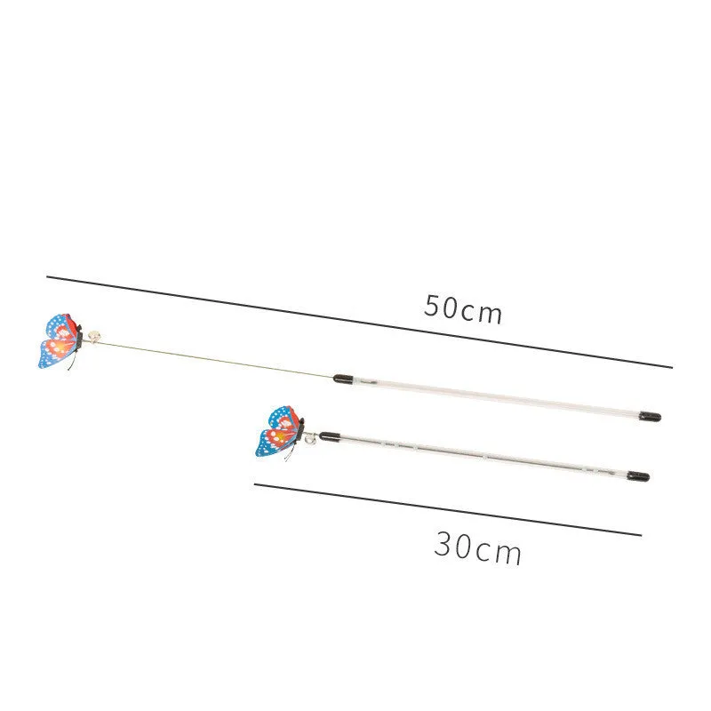 Retractable cat teasing stick with spring butterfly attachment in mixed hair colours, full length 30-50cm on a light background