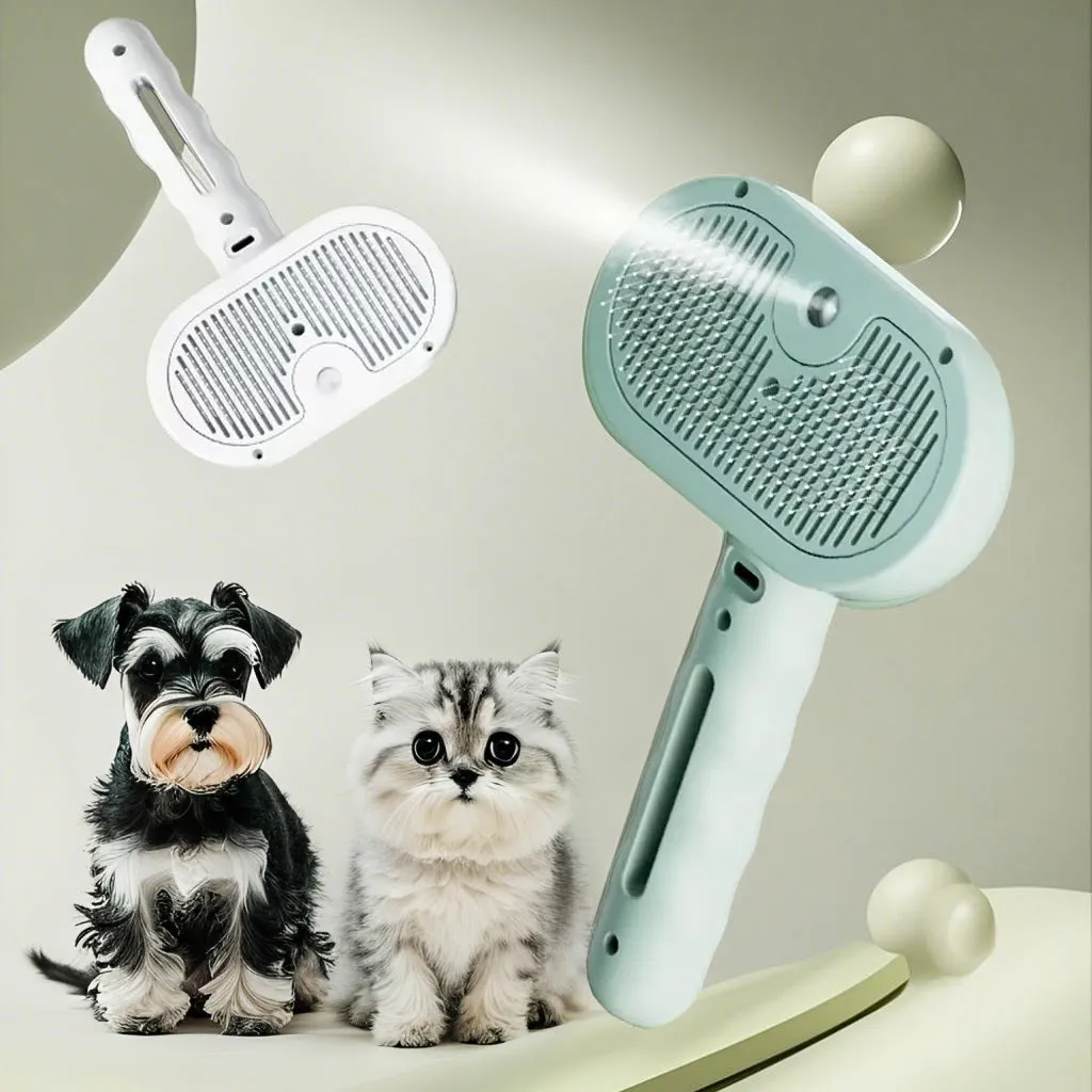 Pet spray hair comb with water mist for grooming cats and dogs, plastic construction, available in green