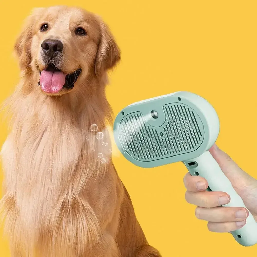 Pet spray hair comb with water mist for grooming cats and dogs, plastic construction, available in green