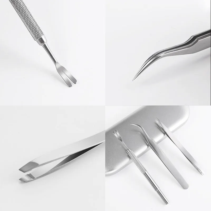 Three silver stainless steel tick clips with grate-style heads for pet parasite removal