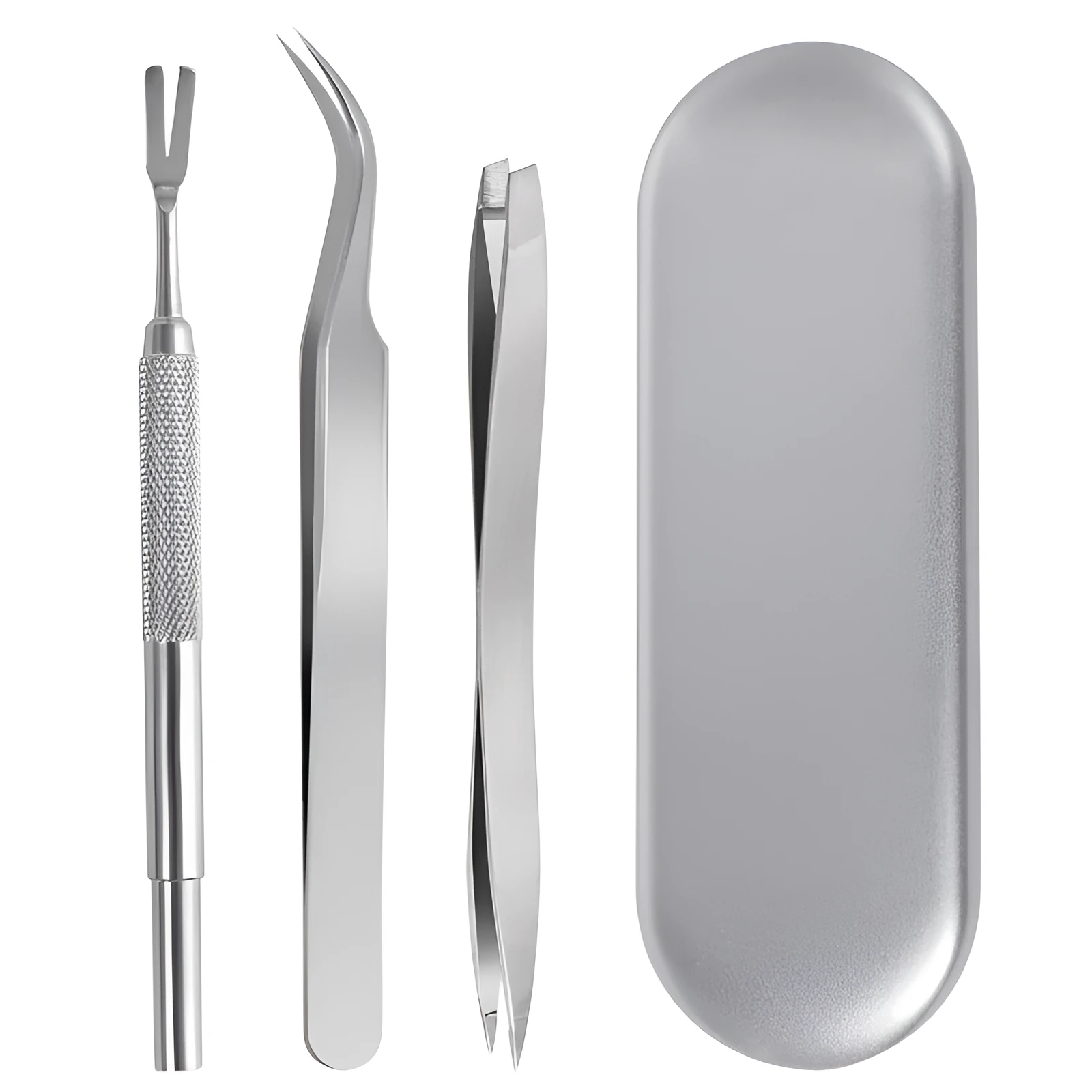 Three silver stainless steel tick clips with grate-style heads for pet parasite removal